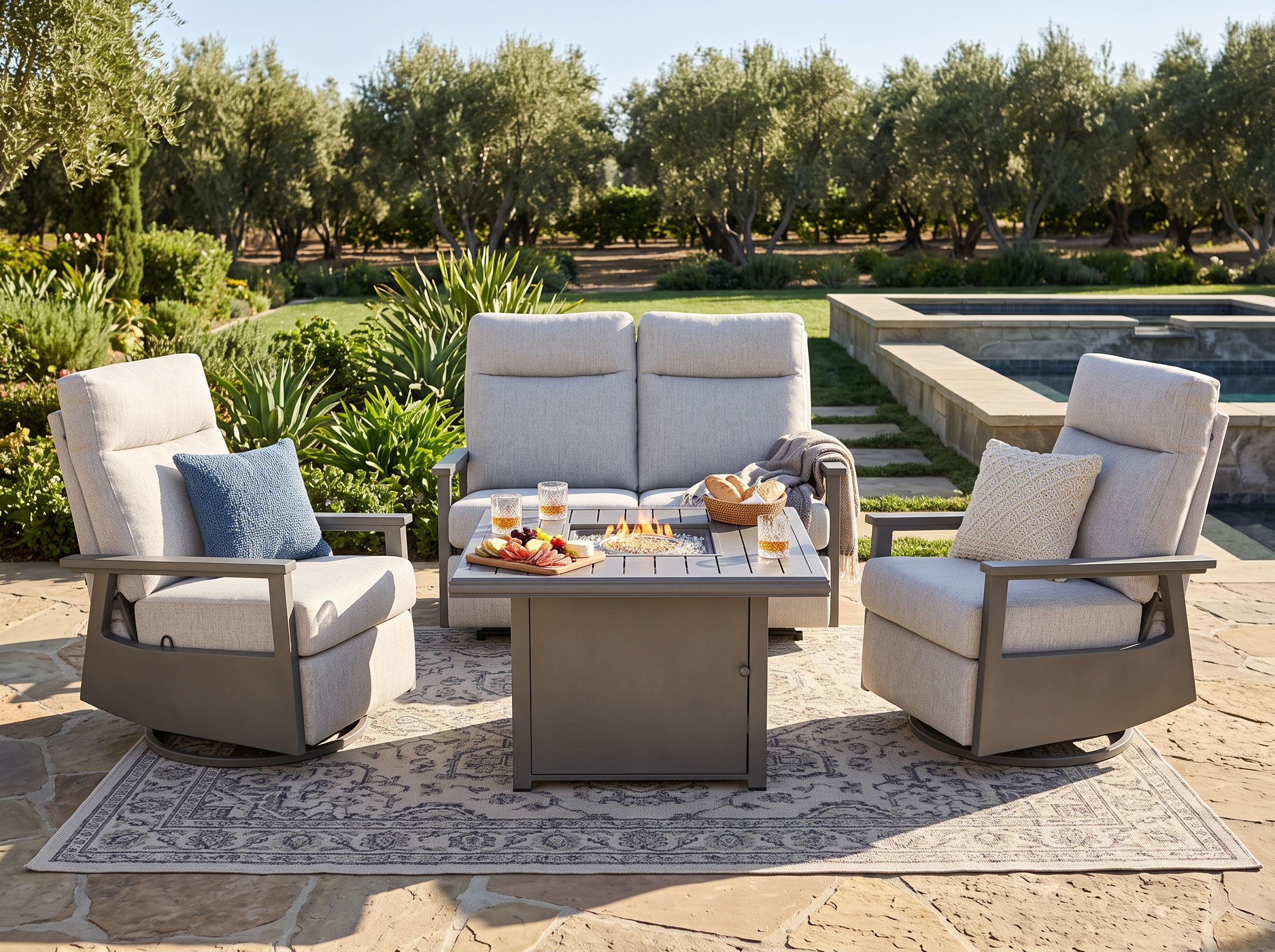 Huntington 4-Seat Patio Aluminum Reclining Loveseat Firepit Conversation Set with Pair of Recliners