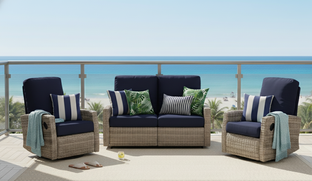 Keywest Outdoor Wicker Reclining Loveseat Conversation Set with a pair of recliners in Sunbrella® Navy | Outdoor Sofa Set