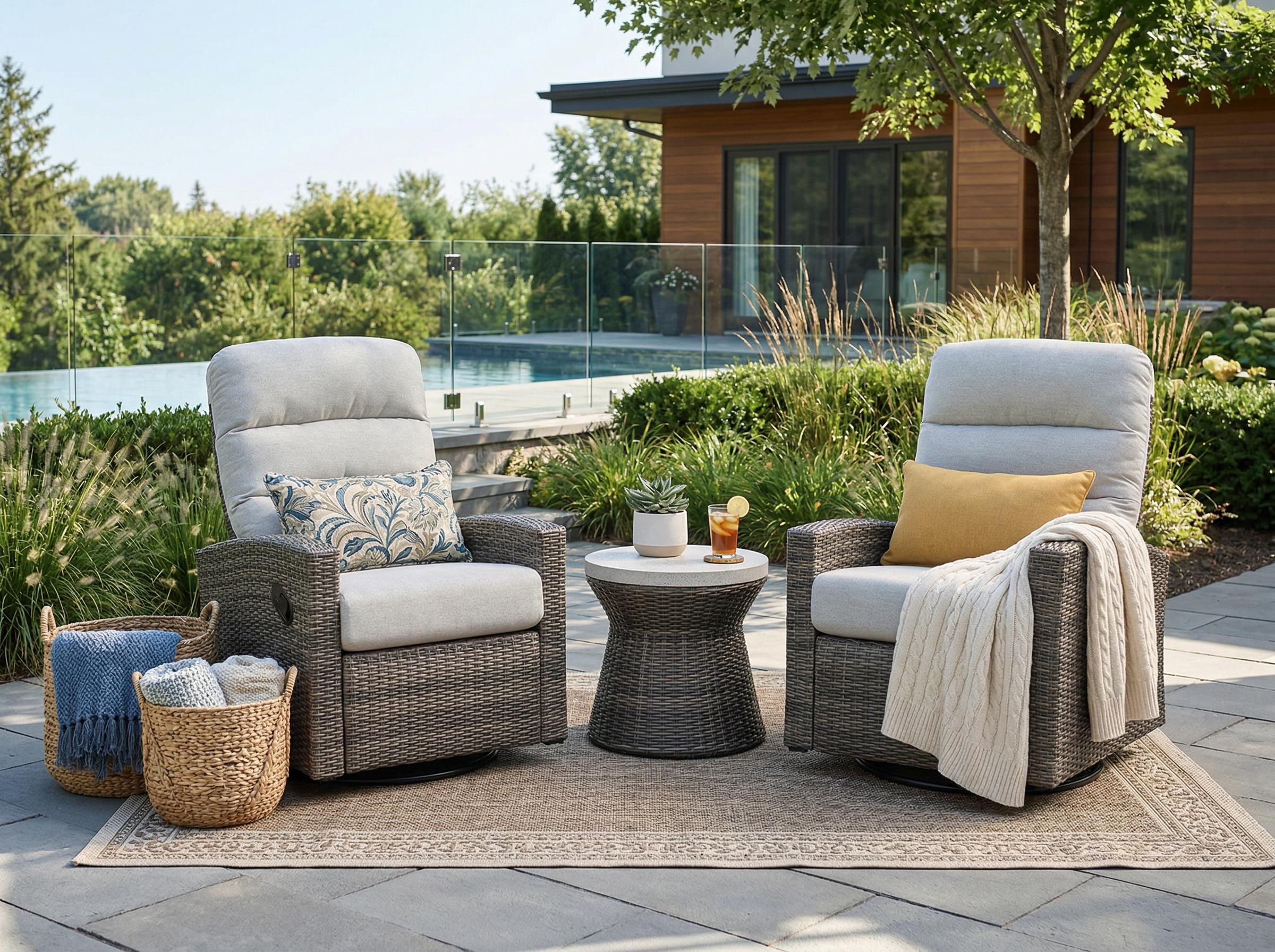 Monterey Driftwood Wicker Outdoor 2PC Swivel Glider Recliner in Oyster and Side Table | Outdoor Bistro Set