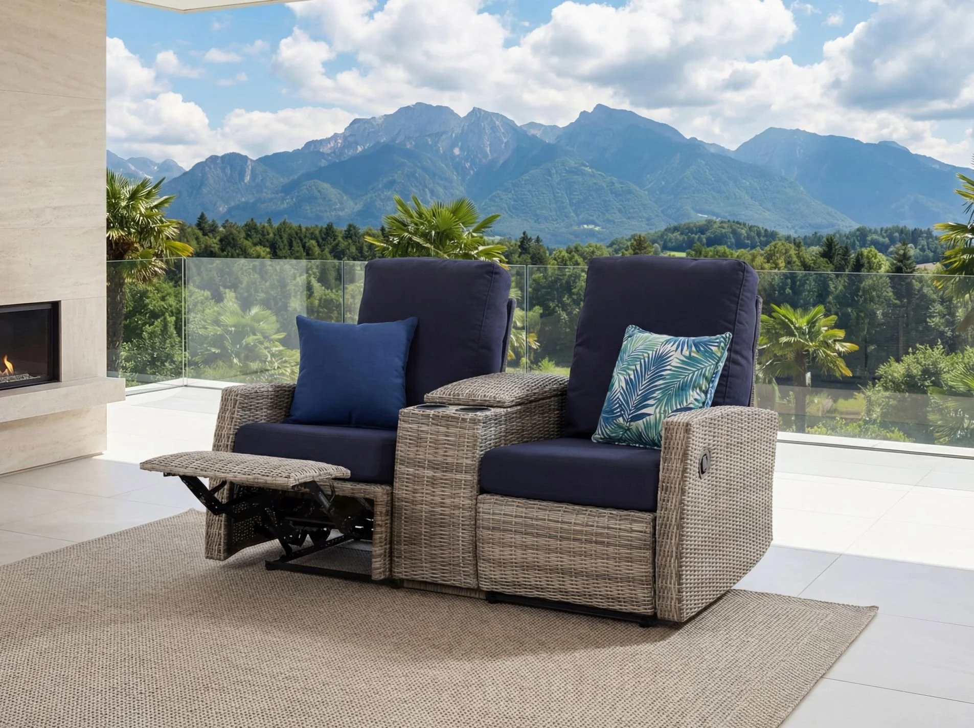 Keywest Outdoor Wicker Reclining Loveseat Sofa with Console in Sunbrella® Dupione Celeste (Navy)