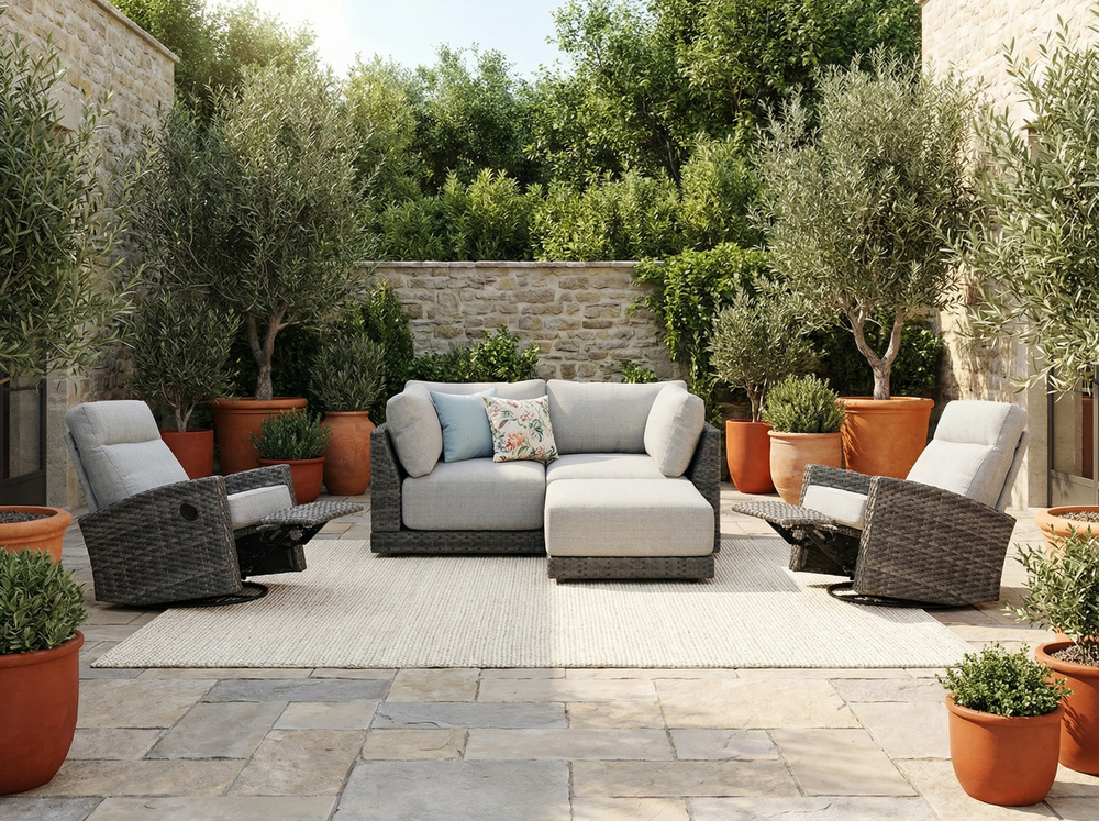Malibu 5-piece Patio Wicker Modular Console Sofa Set with Swivel Glider  Recliners — Outdoor Nook USA
