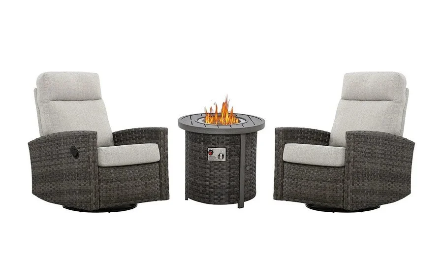 Malibu II Outdoor Firepit Bistro Set | 2PC Wicker Swivel Glider Recliner with Firepit Table