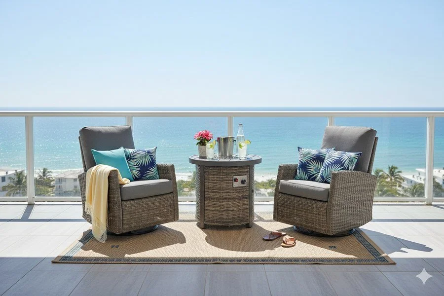 Keywest Outdoor Firepit Bistro Set | 2PC Wicker Swivel Glider Recliner with Firepit Table