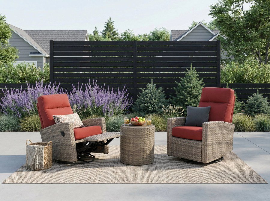 Newport Wicker Outdoor 2PC Swivel Glider Recliner in Sunbrella® Canvas Henna and Side Table | Outdoor Bistro Set