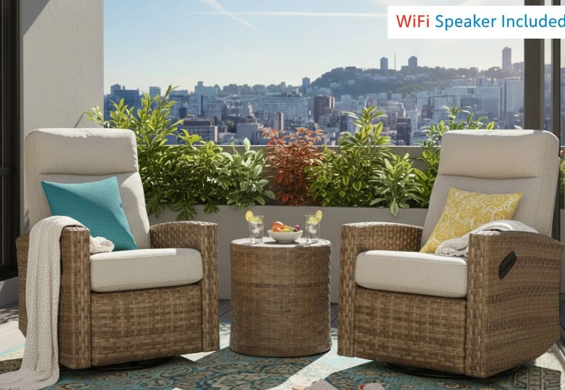 Newport Outdoor Speaker Bistro Set | 2PC Wicker Swivel Glider Recliner with Wosiac Speaker Table