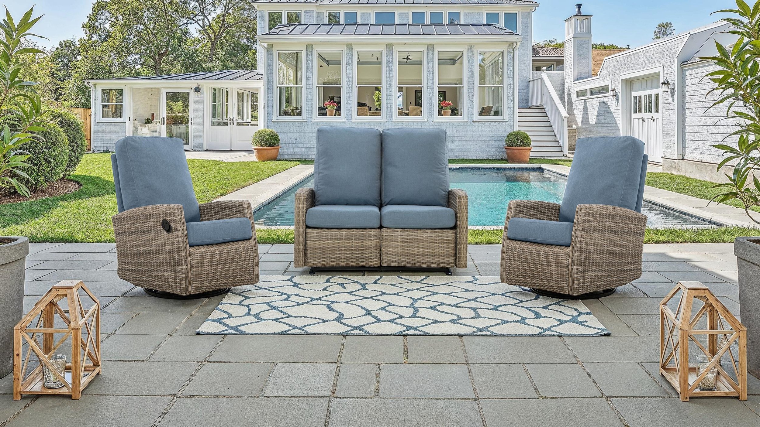 Keywest Outdoor Wicker Reclining Loveseat Conversation Set with a pair of recliners- Dove Grey & Carolina Blue