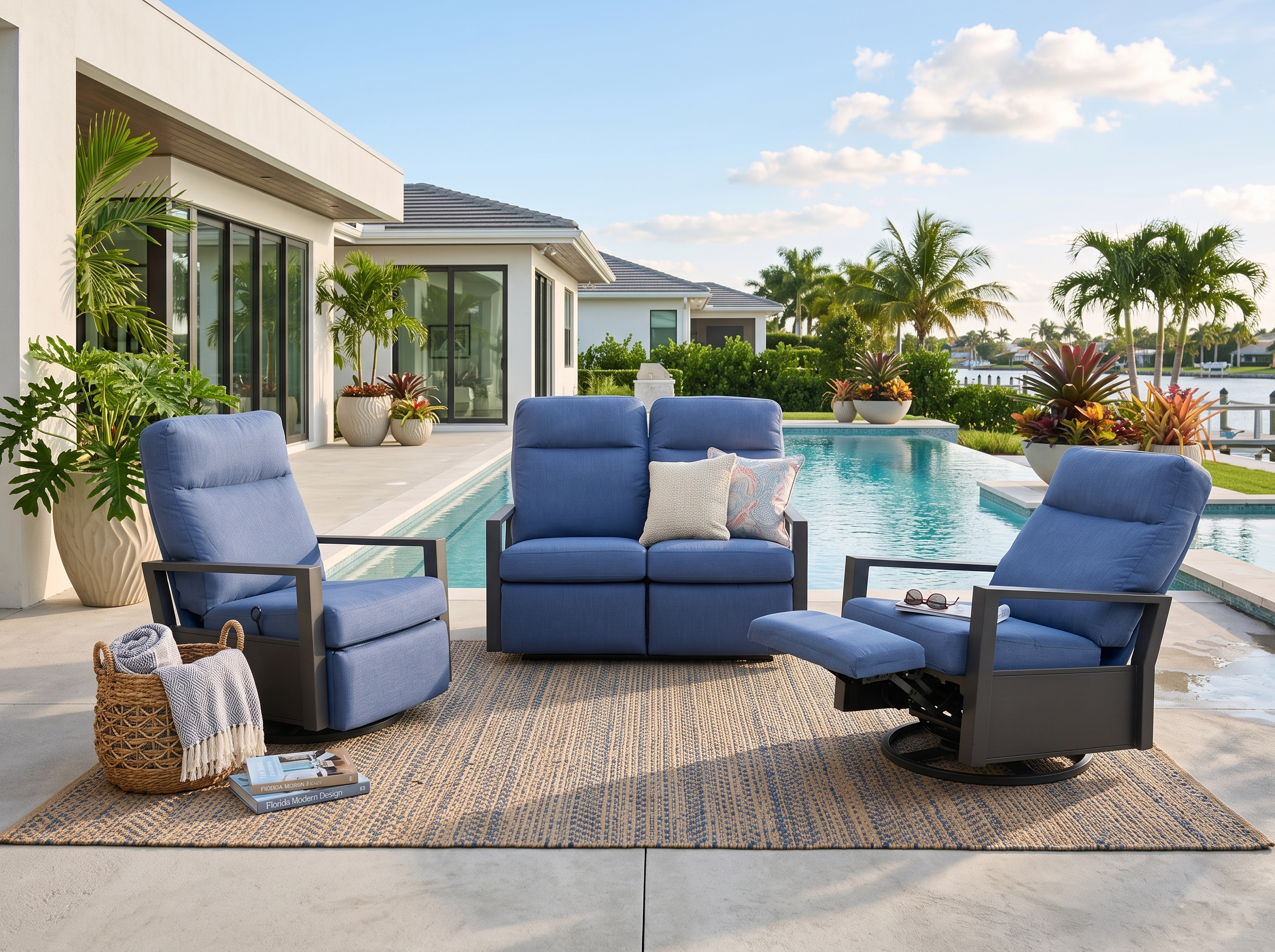 Shoreline 4-Seat Patio Aluminum Reclining Loveseat Conversation Set with Pair of Recliners | Outdoor Set