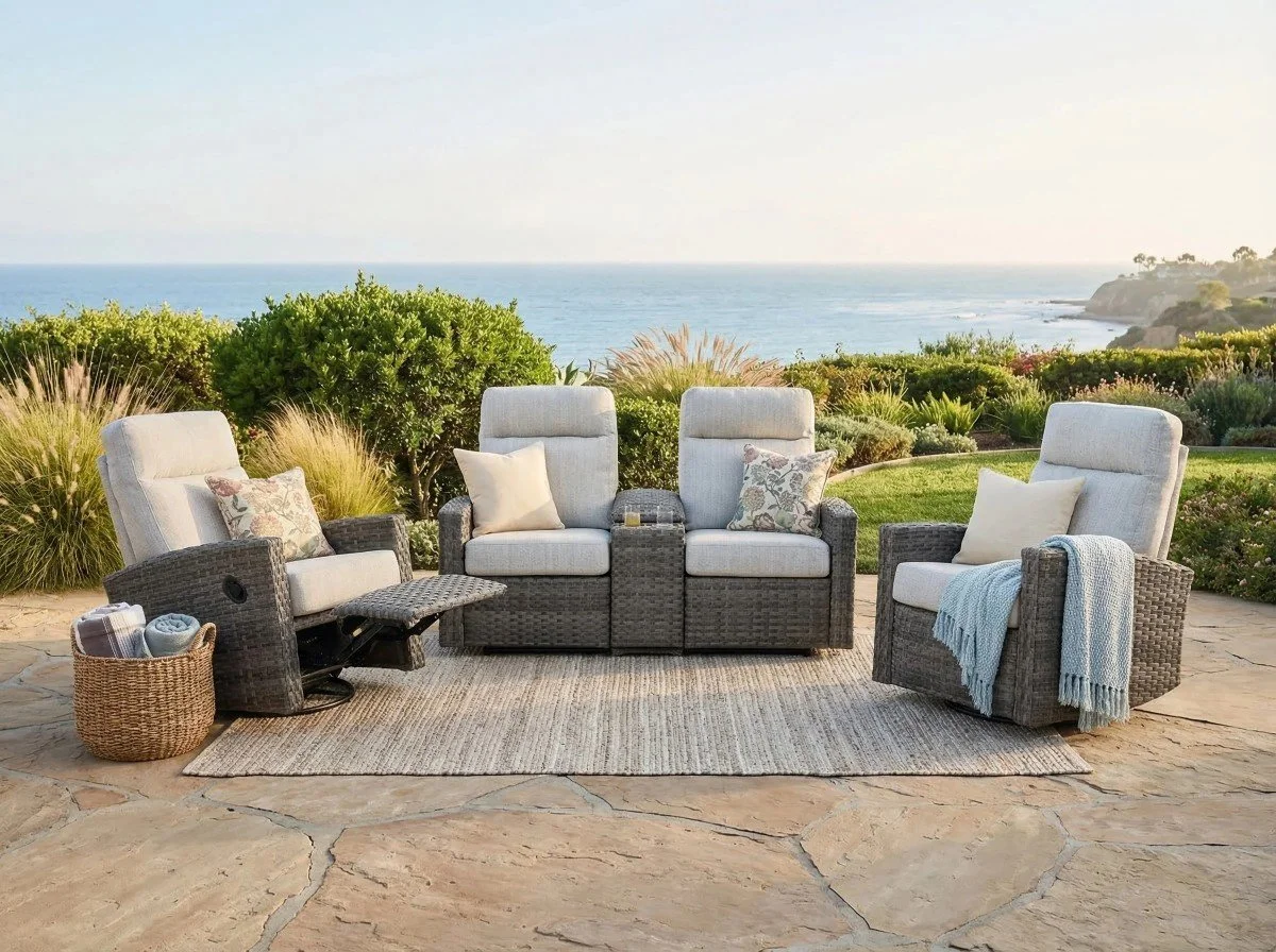 Malibu II Outdoor Wicker Reclining Console Loveseat Conversation Set with a pair of Recliners | Outdoor Set