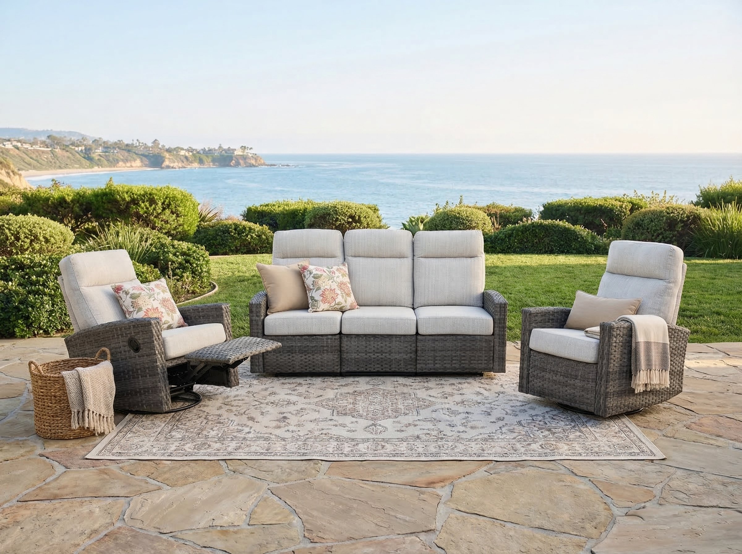 Malibu II Outdoor Wicker Reclining Sofa Conversation Set with a pair of Recliners | Outdoor Set