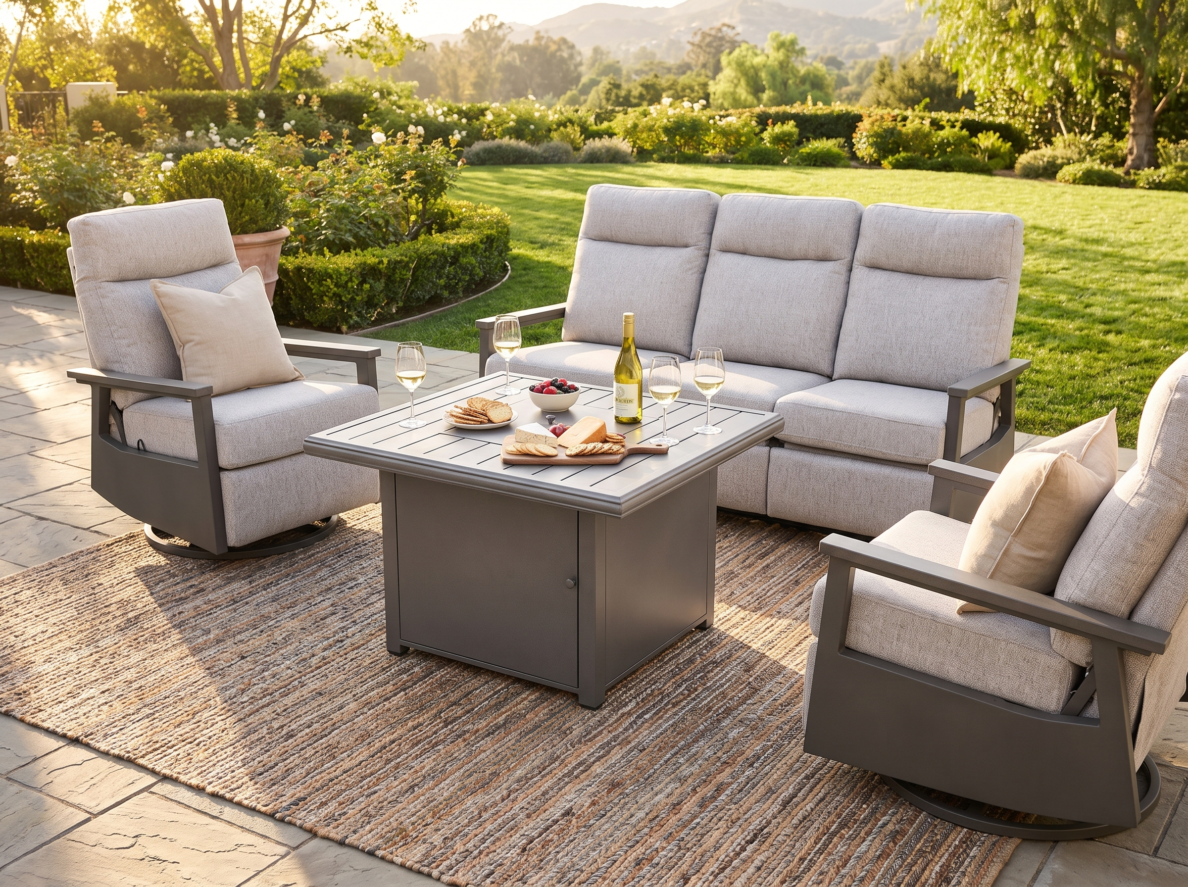 Huntington 5-Seat Aluminum Reclining Sofa Firepit Conversation Set 03.png