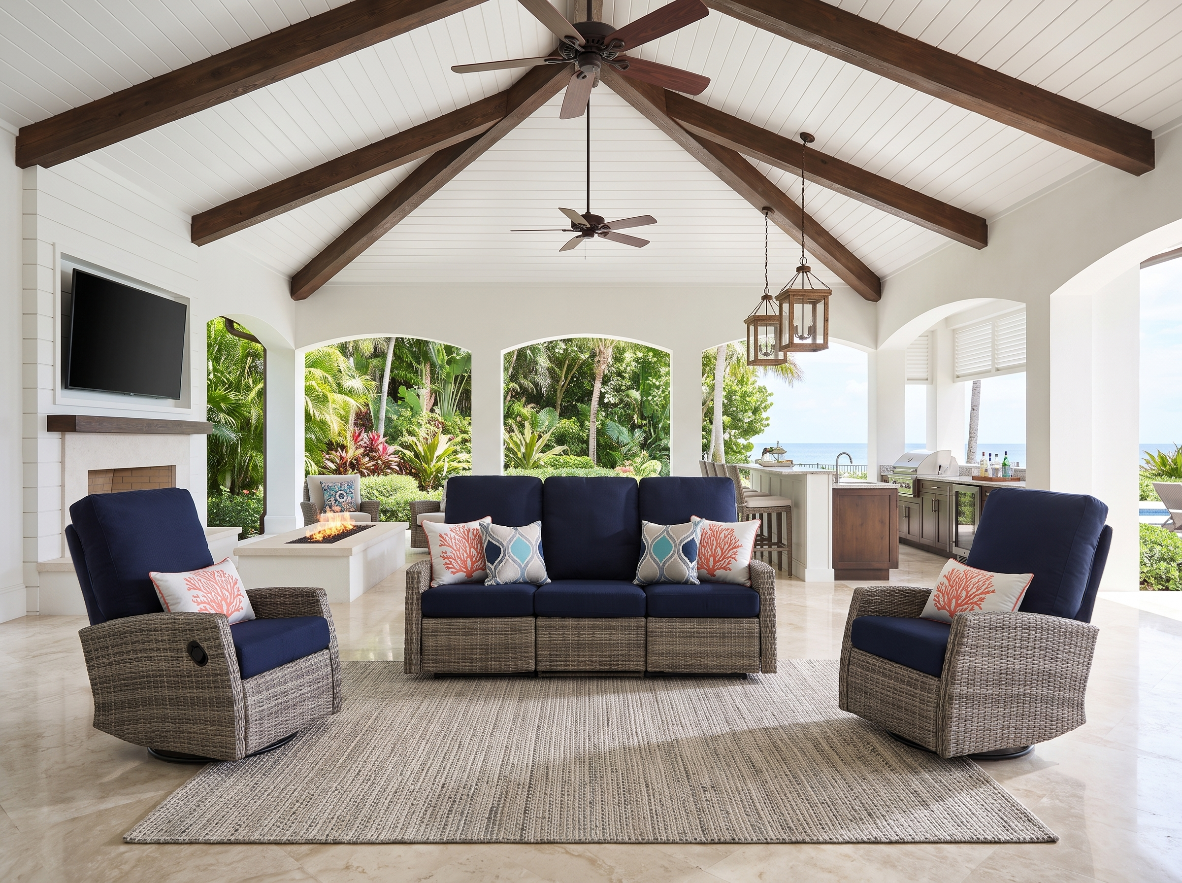 Keywest Outdoor Wicker Reclining Sofa Conversation Set with a pair of recliners in Sunbrella® Navy | Outdoor Sofa Set