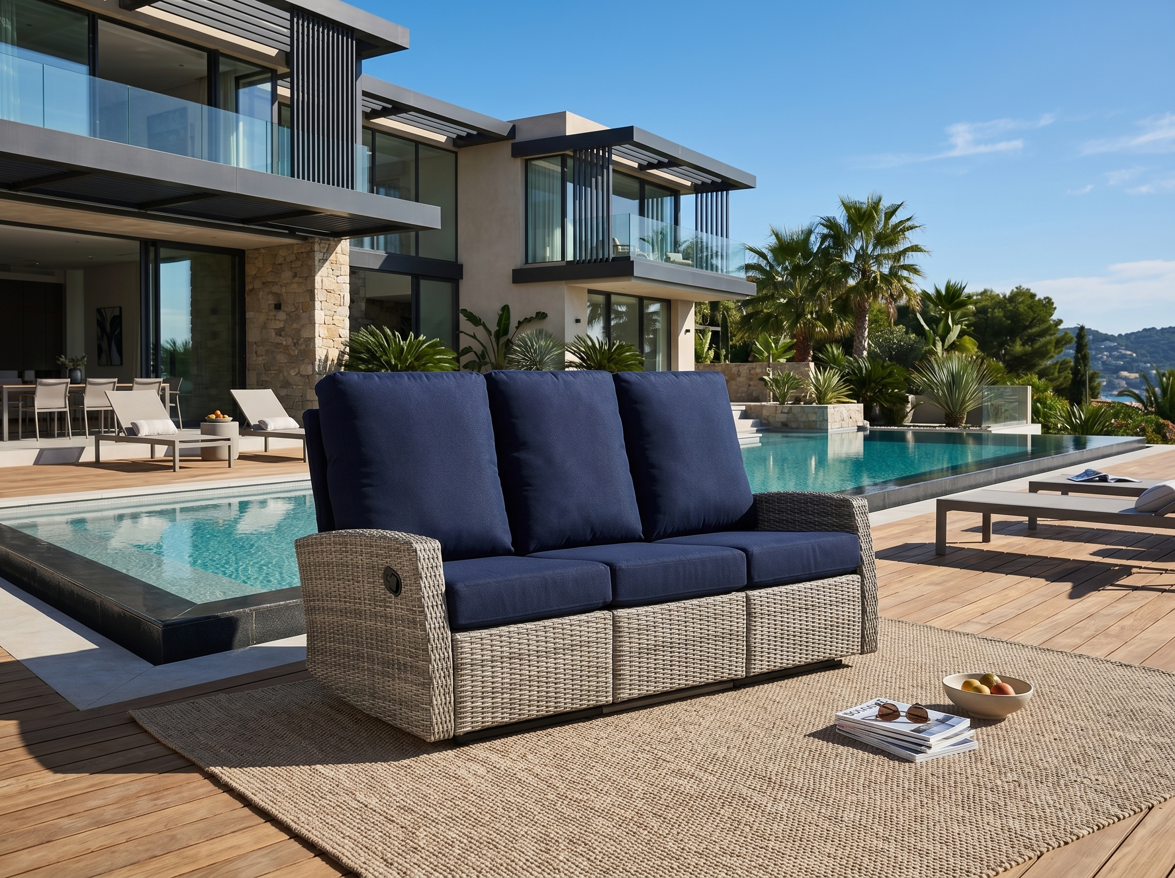 Keywest Three-Seat Outdoor Wicker Reclining Sofa in Sunbrella® Canvas Navy
