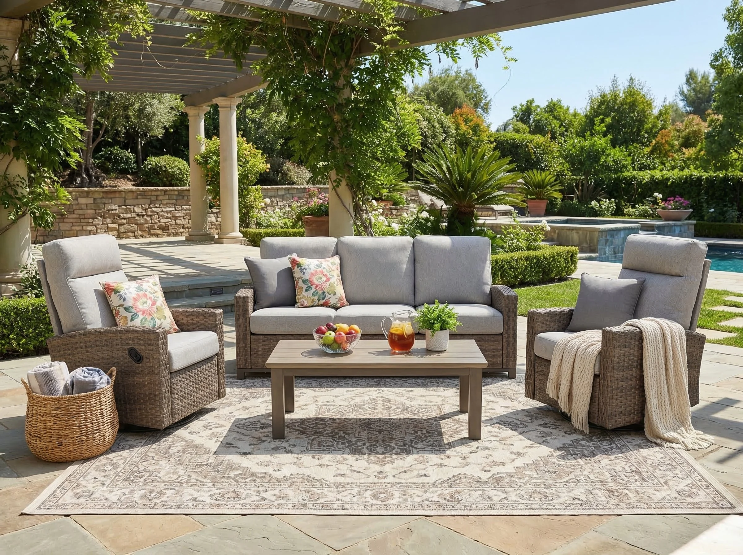 Newport 4-piece Patio Wicker Sofa Set with Swivel Glider Recliners | Outdoor Set  (Shipping by truck, not FedEx)