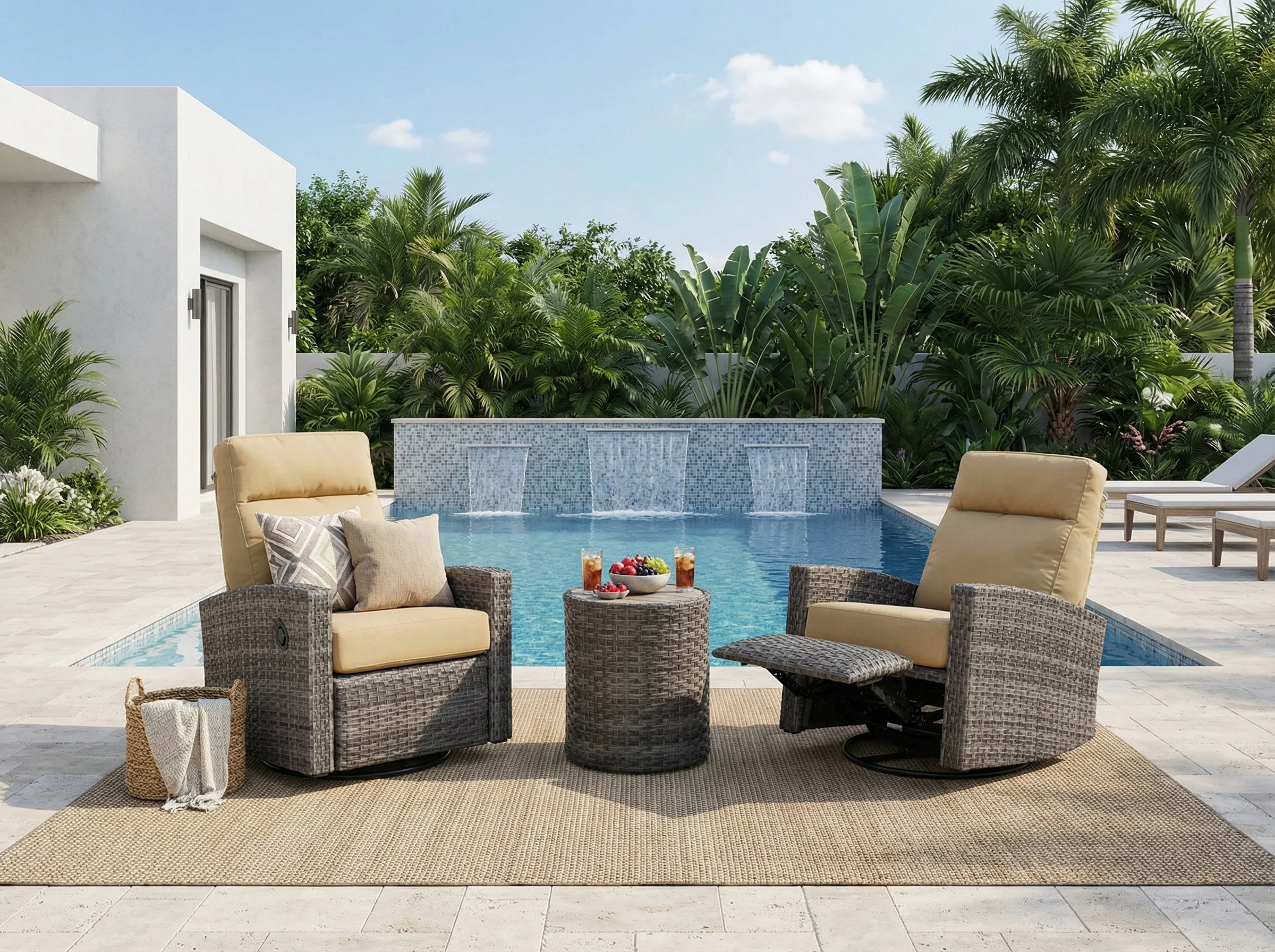 Malibu II Wicker Outdoor 2PC Swivel Glider Recliner in Sunbrella® Canvas Brass and Side Table | Outdoor Bistro Set