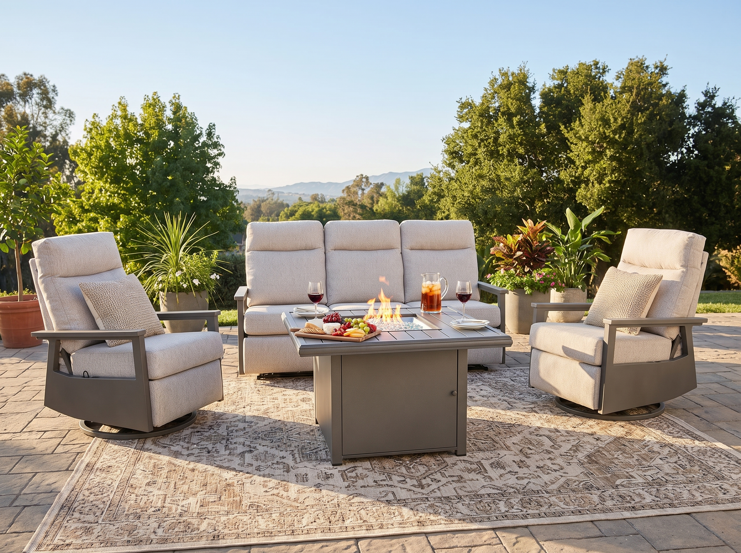 Huntington 5-Seat Patio Aluminum Reclining Sofa Firepit Conversation Set with Pair of Recliners