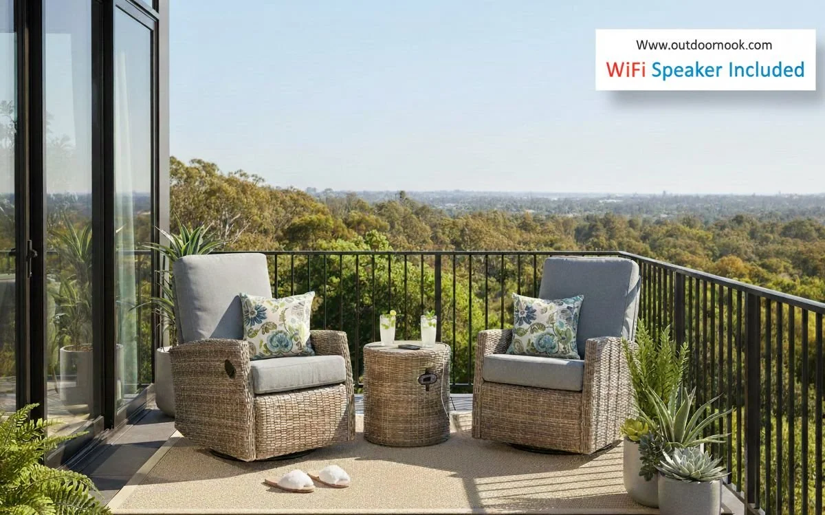 Keywest Outdoor Speaker Bistro Set | 2PC Wicker Swivel Glider Recliner with Wosiac Speaker Table