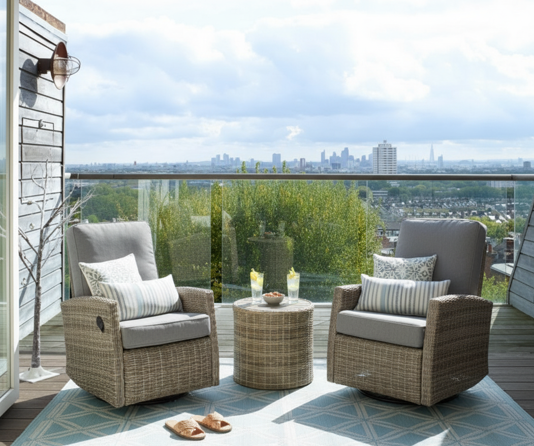 Keywest Wicker Outdoor Swivel Glider Recliner Bistro Set  | Patio Lounge Chair x 2  with Matching Side Table