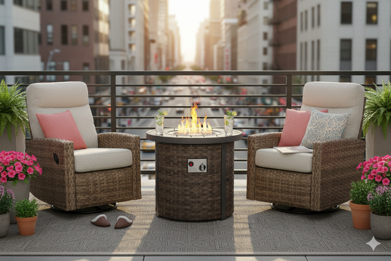 Newport Outdoor Firepit Bistro Set | 2PC Wicker Swivel Glider Recliner with Firepit Table