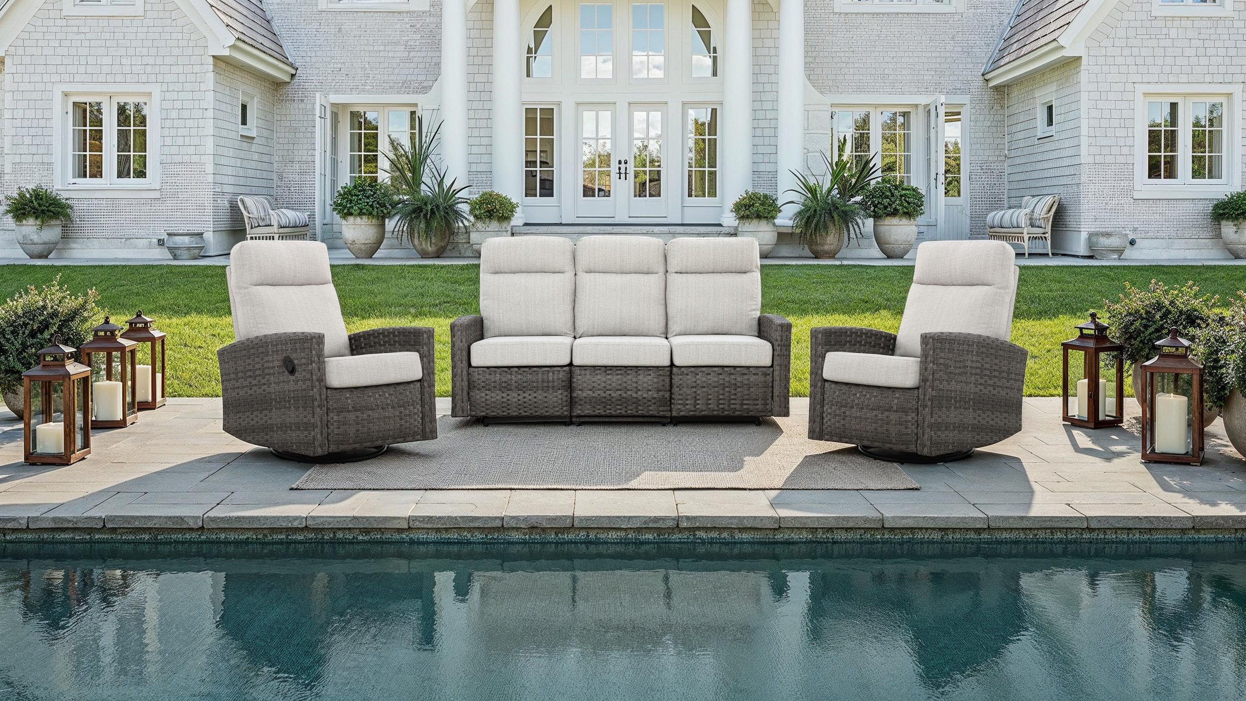 Malibu Outdoor Wicker Reclining Console Loveseat Conversation Set with a pair of Recliners | Outdoor Set