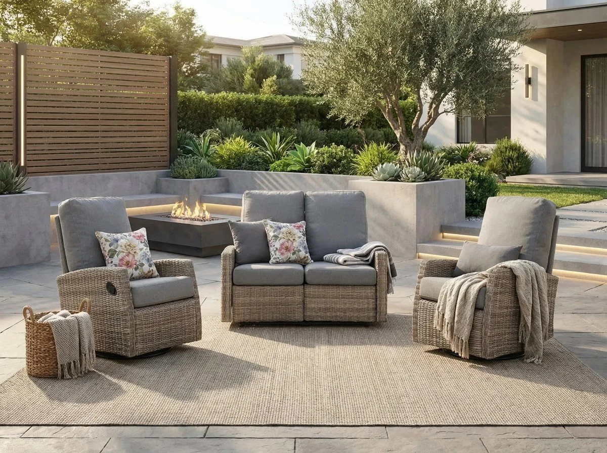 Keywest Outdoor Wicker Reclining Loveseat Conversation Set with a pair of recliners- Dove Grey & Carolina Blue
