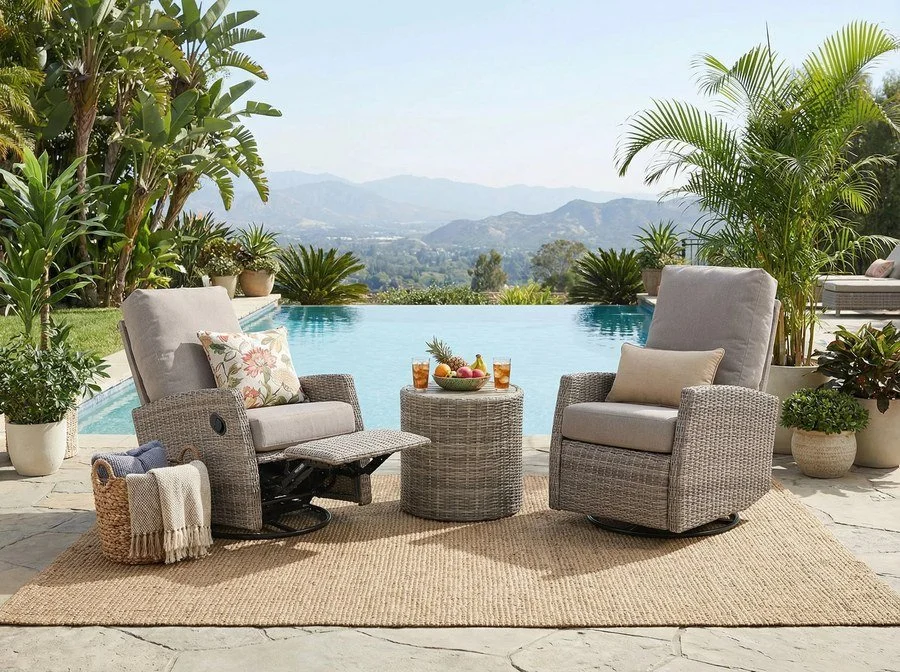 Keywest Wicker Outdoor 2PC Swivel Glider Recliner and Side Table in Sunbrella® Cast Shale | Outdoor Bistro Set