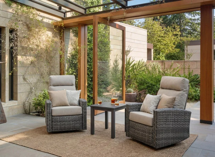 Malibu II Wicker Outdoor 2PC Swivel Glider Recliner in Sunbrella® Canvas Taupe and Side Table | Outdoor Bistro Set