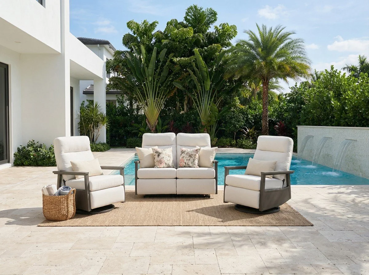 Huntington 4-seat Patio Aluminum Reclining Loveseat Conversation Set with pair of Recliners in Sunbrella® Canvas Canvas | Outdoor Set