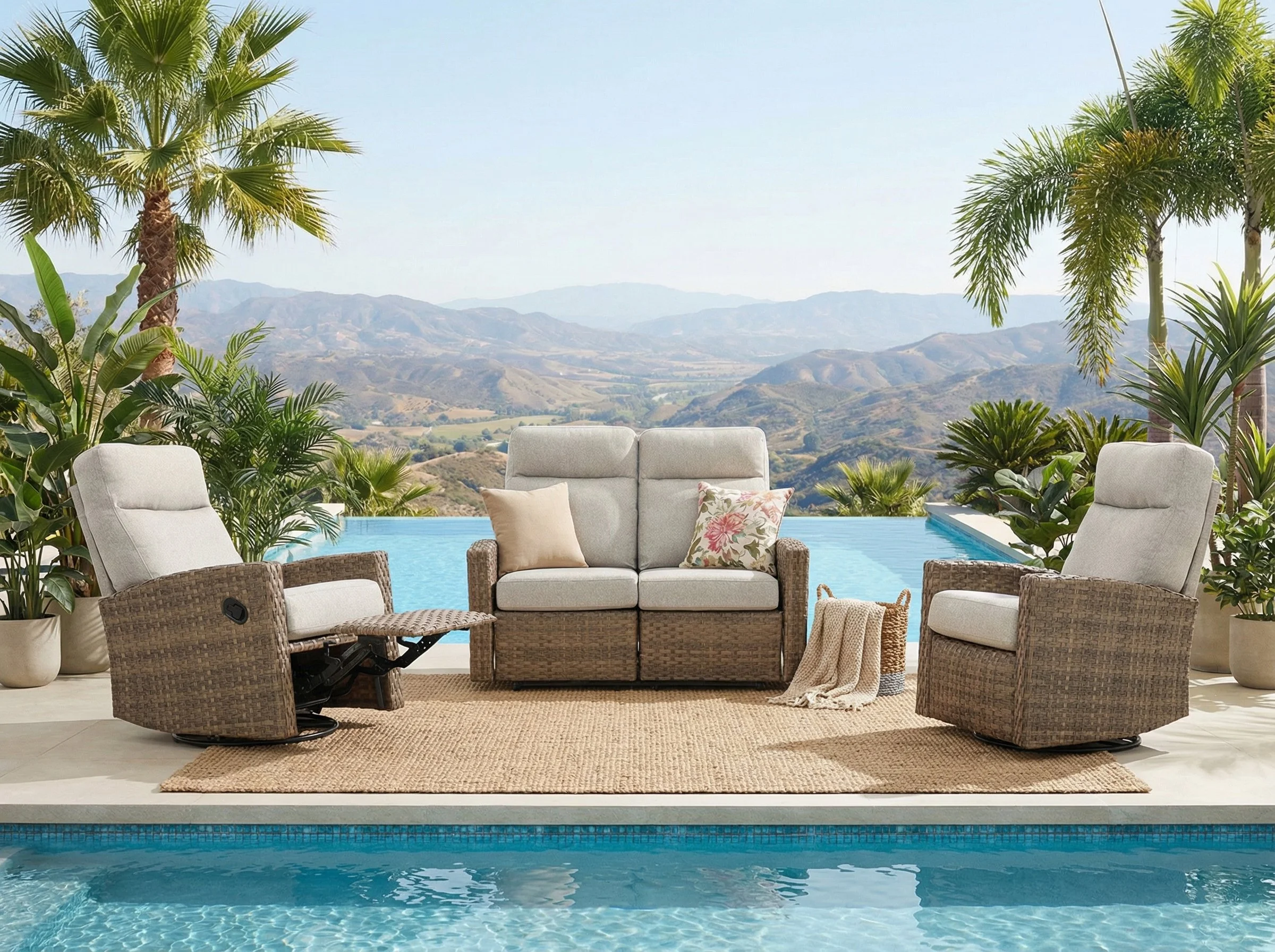 Newport Outdoor Wicker Reclining Loveseat Conversation Set with a pair of Recliners | Outdoor Set