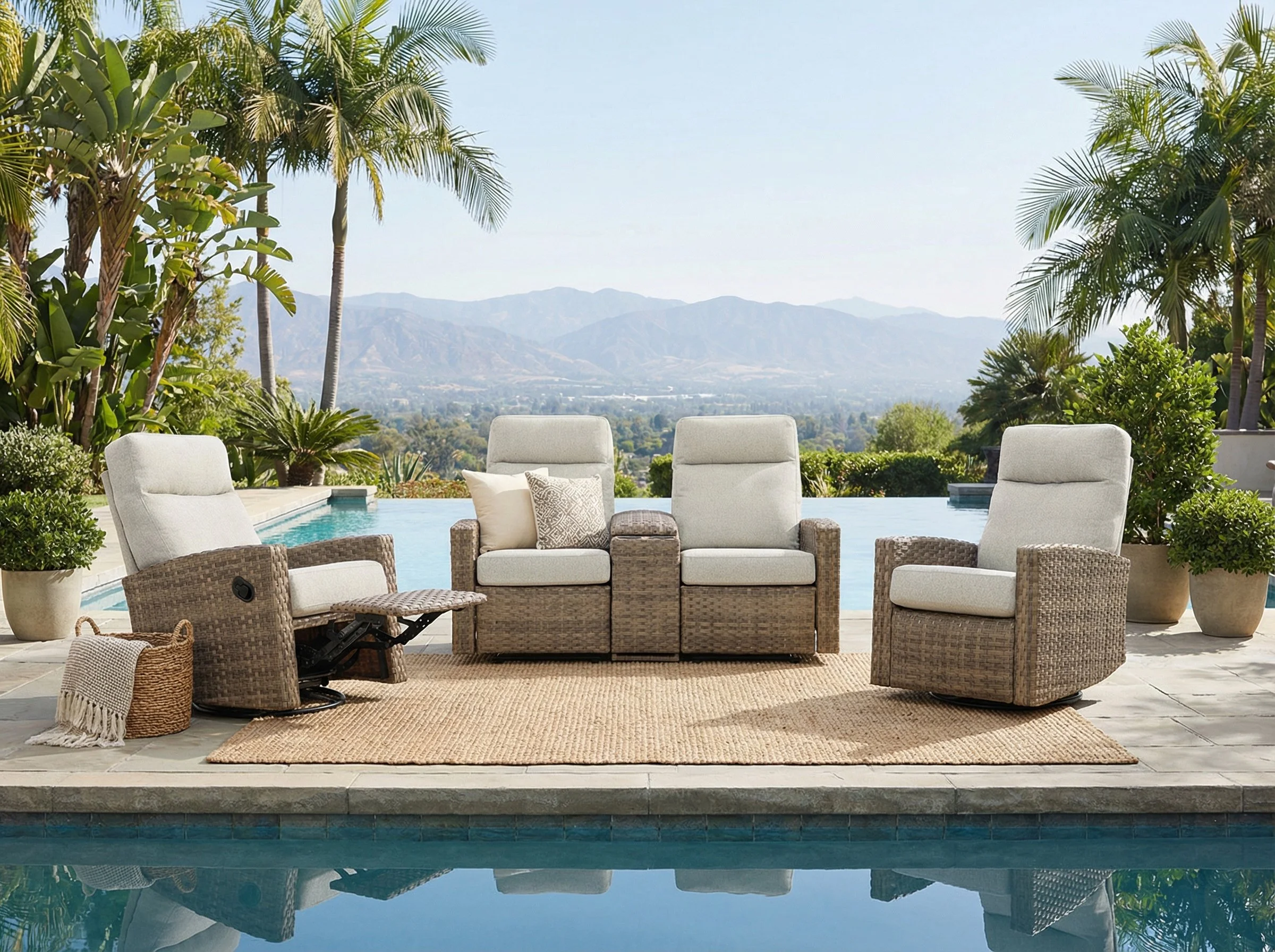 Newport Outdoor Wicker Reclining Console Loveseat Conversation Set with a pair of Recliners | Outdoor Set