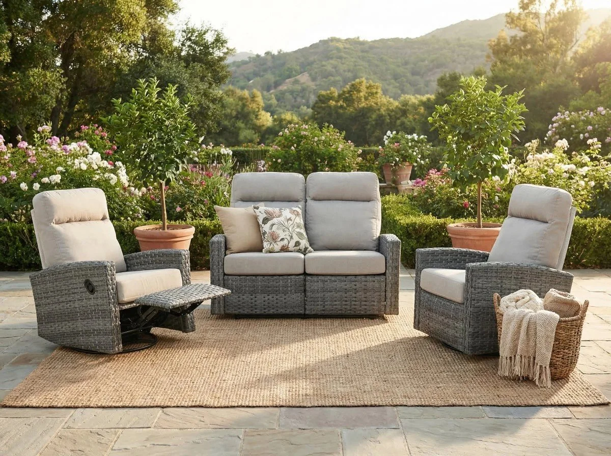 Malibu II Outdoor Wicker Reclining Loveseat Conversation Set with a pair of Recliners in Sunbrella® Canvas Taupe | Outdoor Set