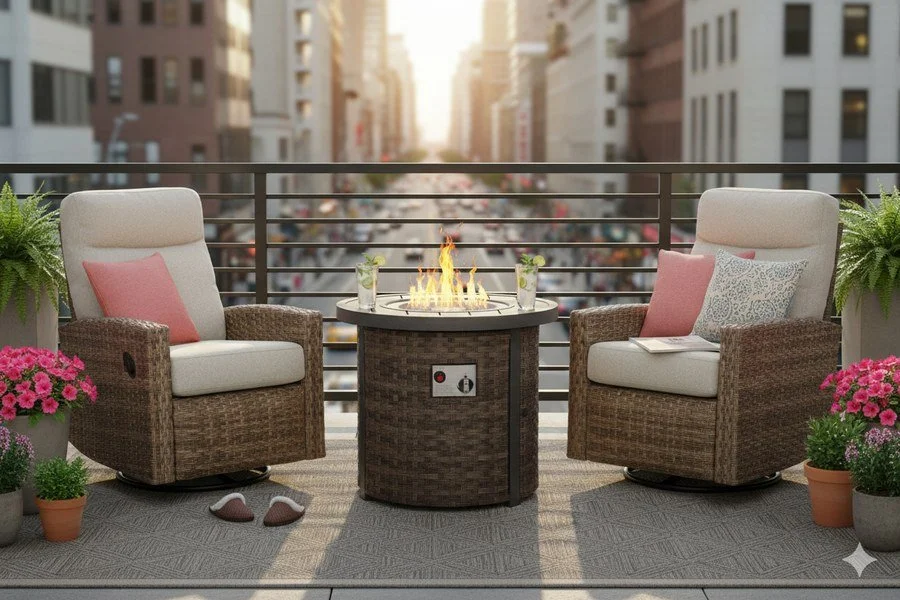 Newport Outdoor Firepit Bistro Set | 2PC Wicker Swivel Glider Recliner with Firepit Table