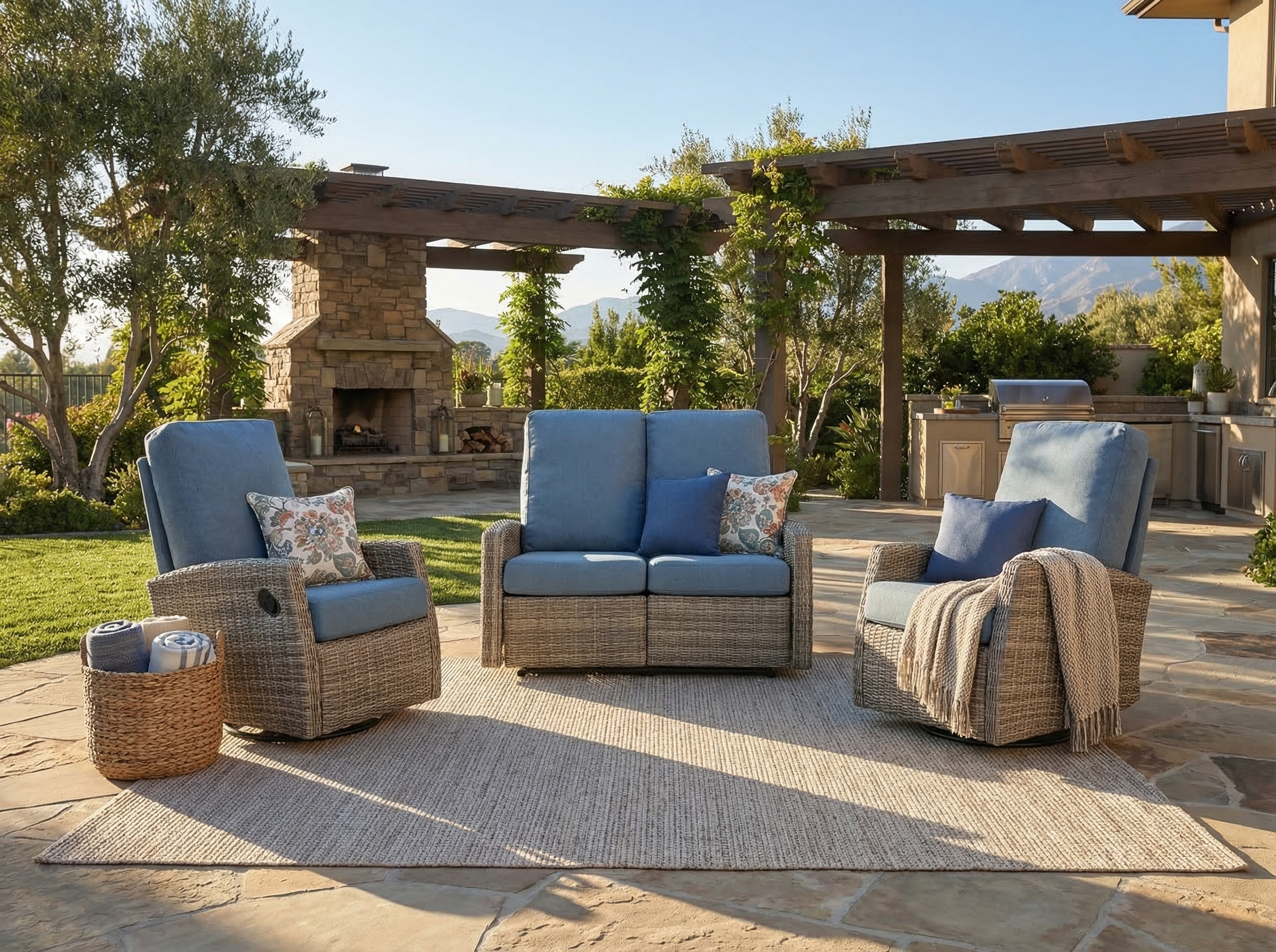 Keywest Outdoor Wicker Reclining Loveseat Conversation Set with a pair of recliners- Dove Grey & Carolina Blue