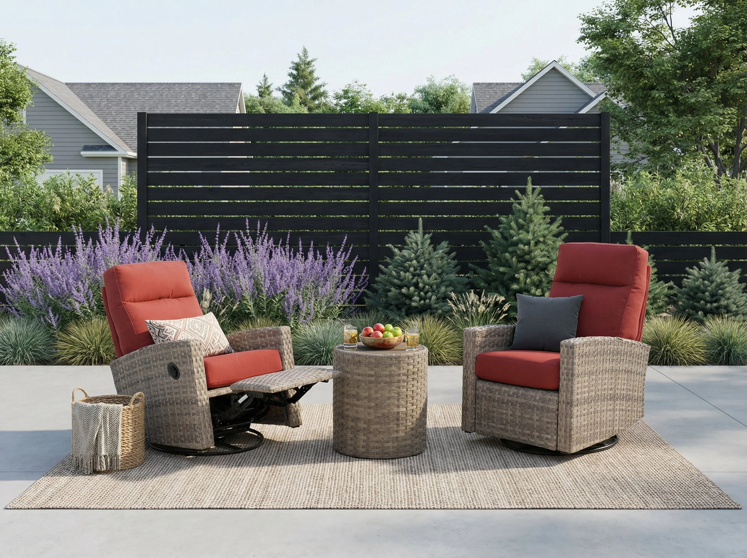 Newport Wicker Outdoor 2PC Swivel Glider Recliner in Sunbrella® Canvas Henna and Side Table | Outdoor Bistro Set