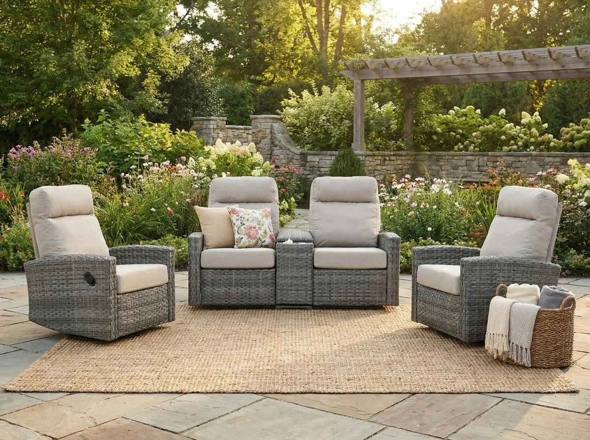 Malibu II Outdoor Wicker Reclining Console Loveseat Conversation Set with a pair of Recliners in Sunbrella® Canvas Taupe | Outdoor Set