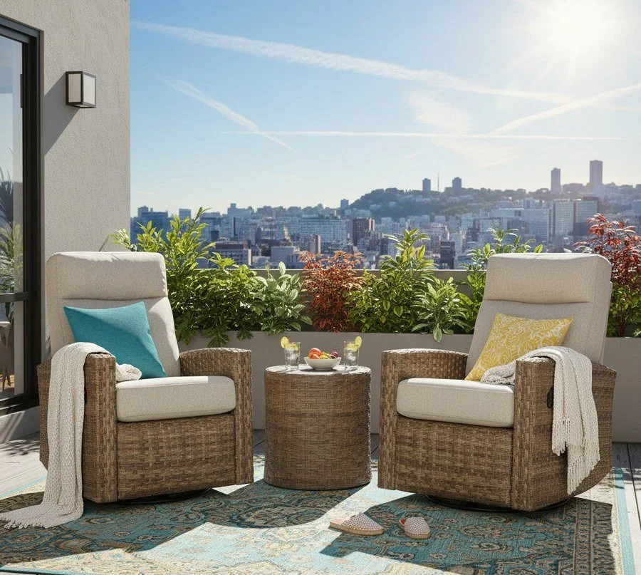 Newport Wicker Outdoor 2PC Swivel Glider Recliner and Wicker Side Table | Outdoor Bistro Set