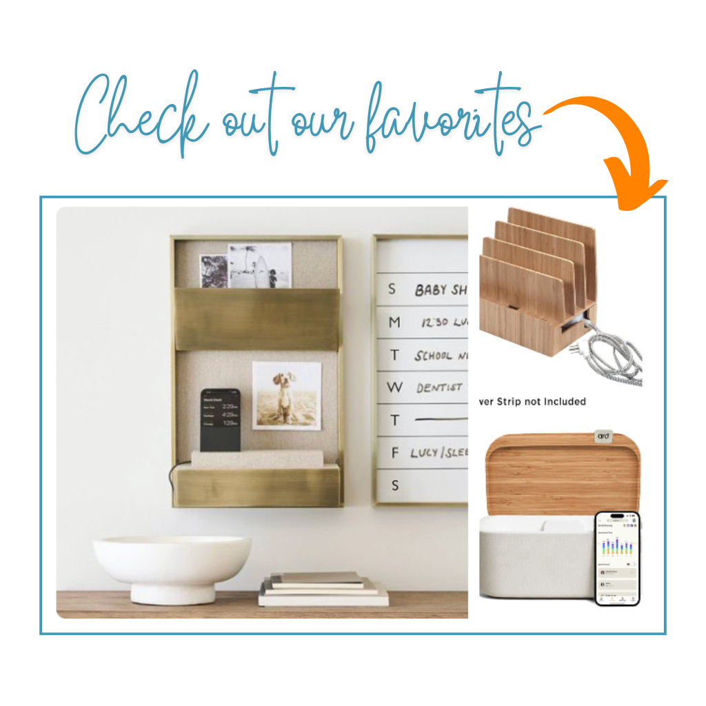 A wall-mounted organizer with shelves and a coat hook, a digital weather and calendar display, a wooden cord organizer, a wooden tray with a smart speaker, and a smartphone displaying a health app.