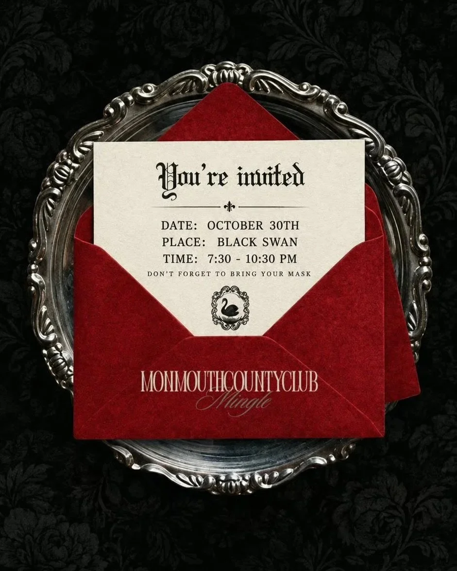 Club Mingle Halloween invitation featuring a red envelope and ornate silver tray