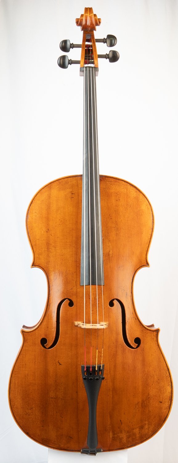 A wooden violin with four strings and a chin rest, shown against a plain white background.