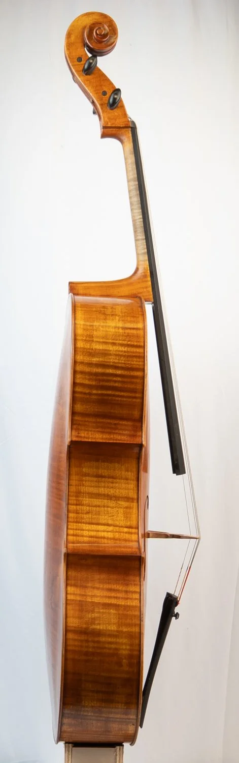Vertical image of a wooden cello displayed against a plain white background.