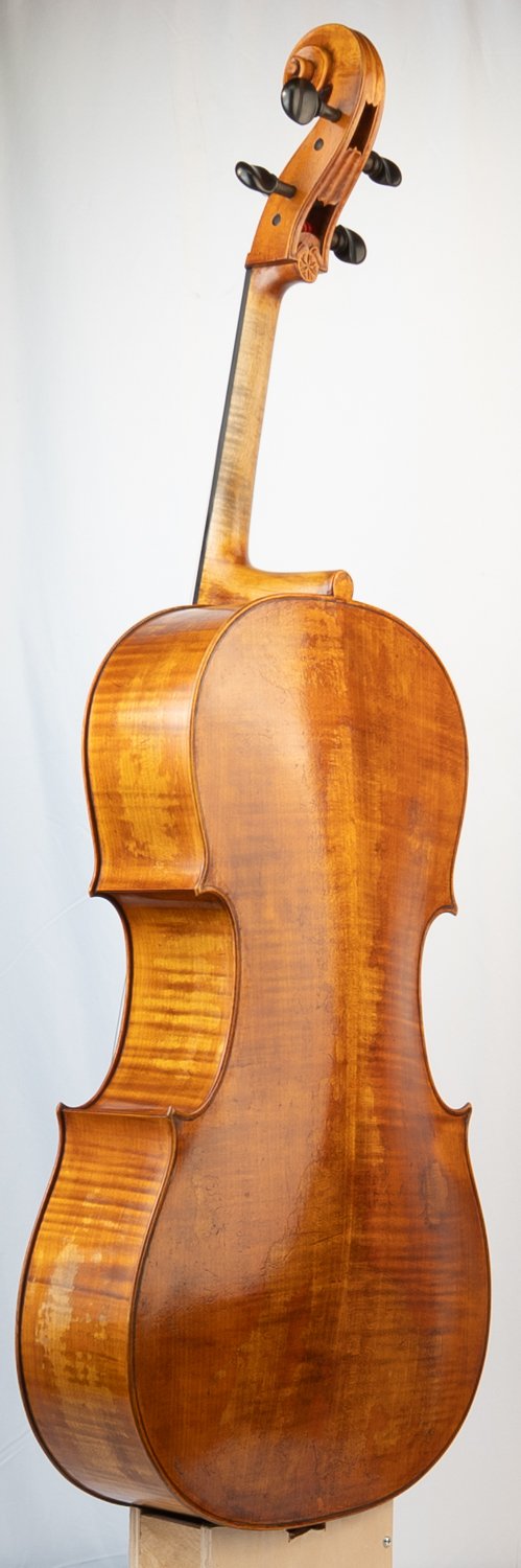A wooden cello with a polished finish, viewed from the back against a plain background.