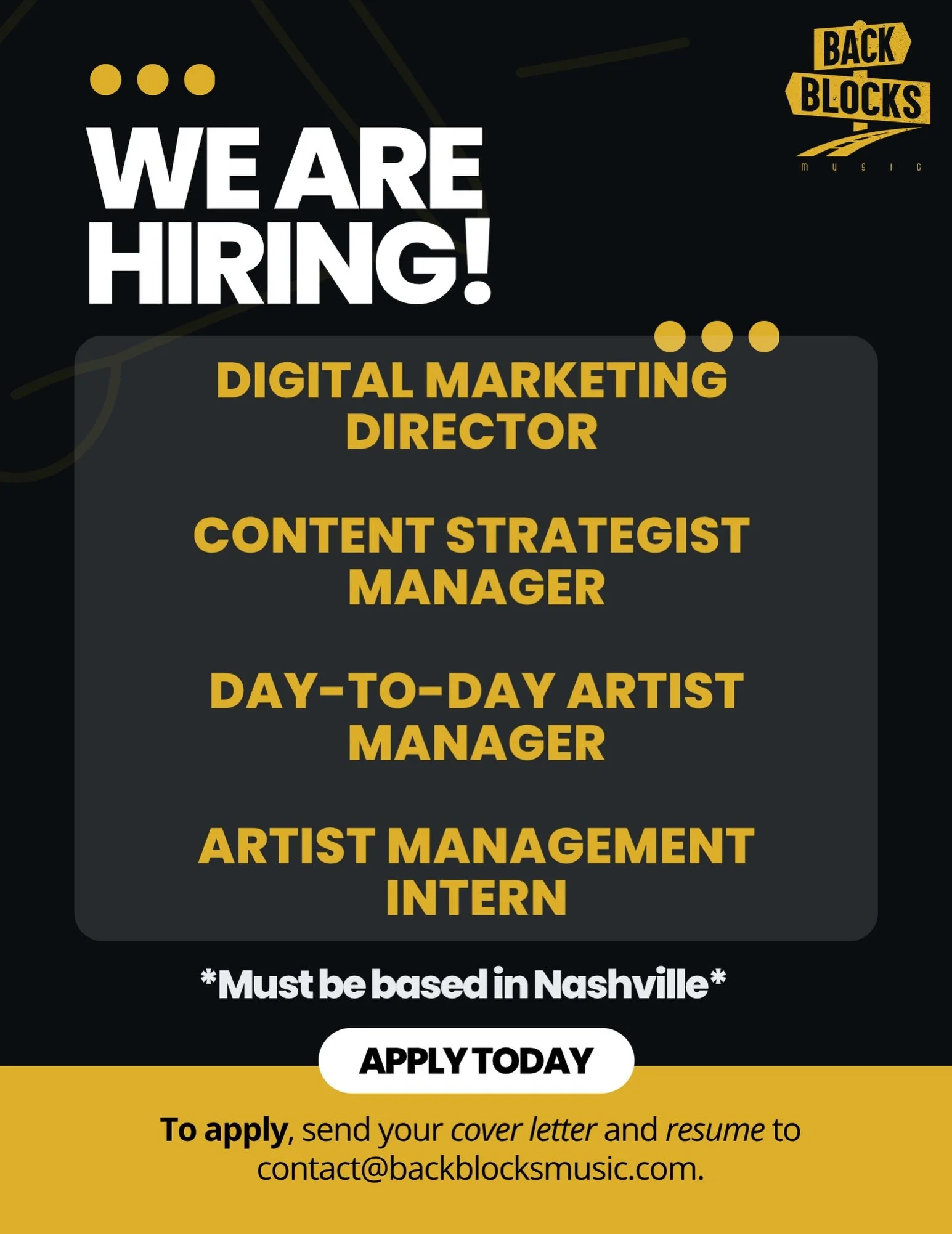 We&rsquo;re expanding the team!🤩🚀 Come work with us!! 

To apply, send your resume and cover letter to contact@backblocksmusic.com📧