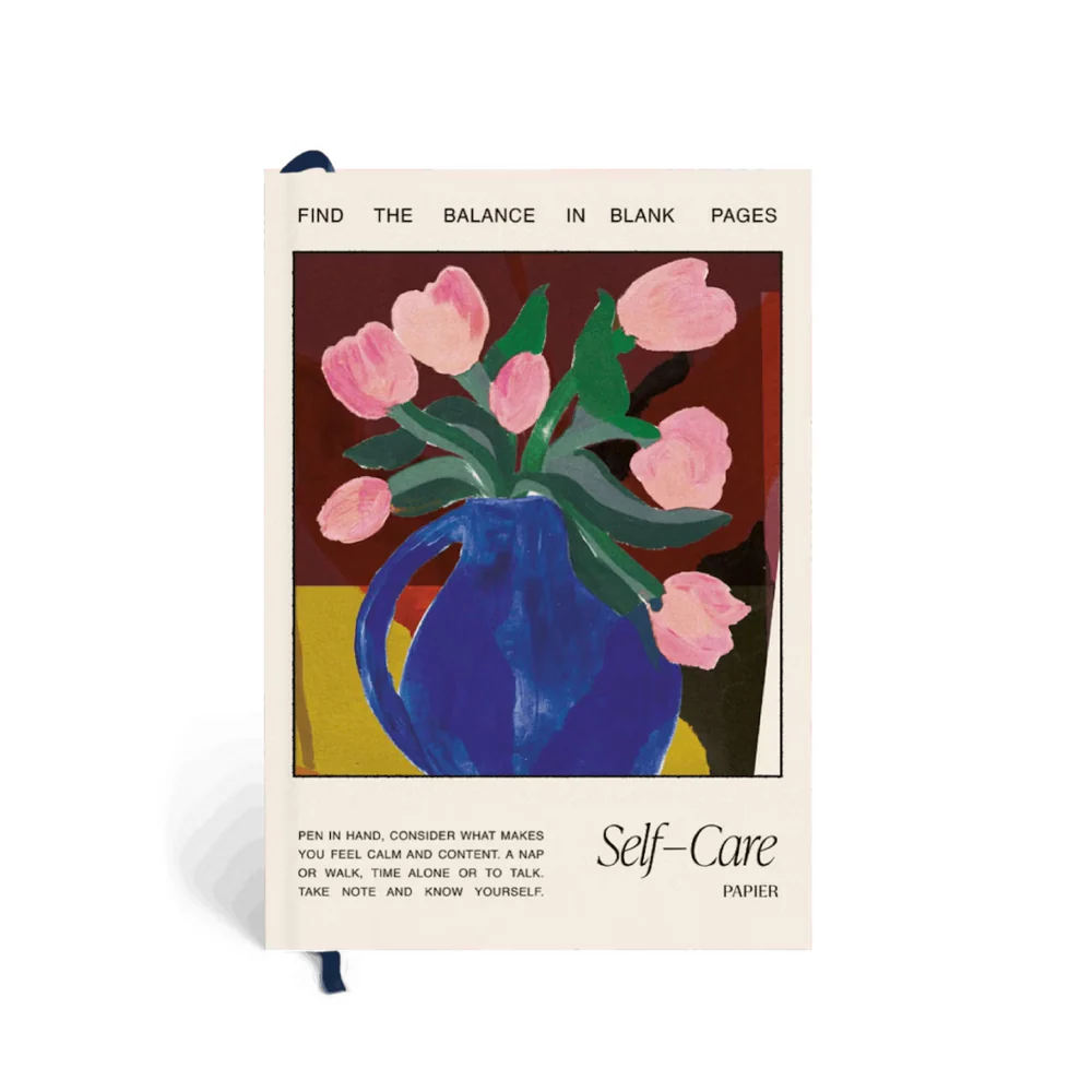 Papier Tulip Vase Wellness Journal, with an image of of a blue vase with pink tulips.