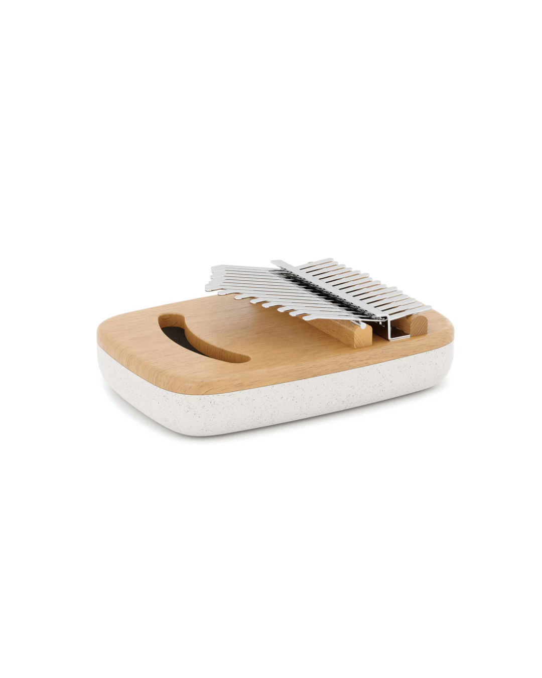 A beechwood and recycled plastic Strumba Kalimba thumb piano by Umbra, with metal keys at the top.