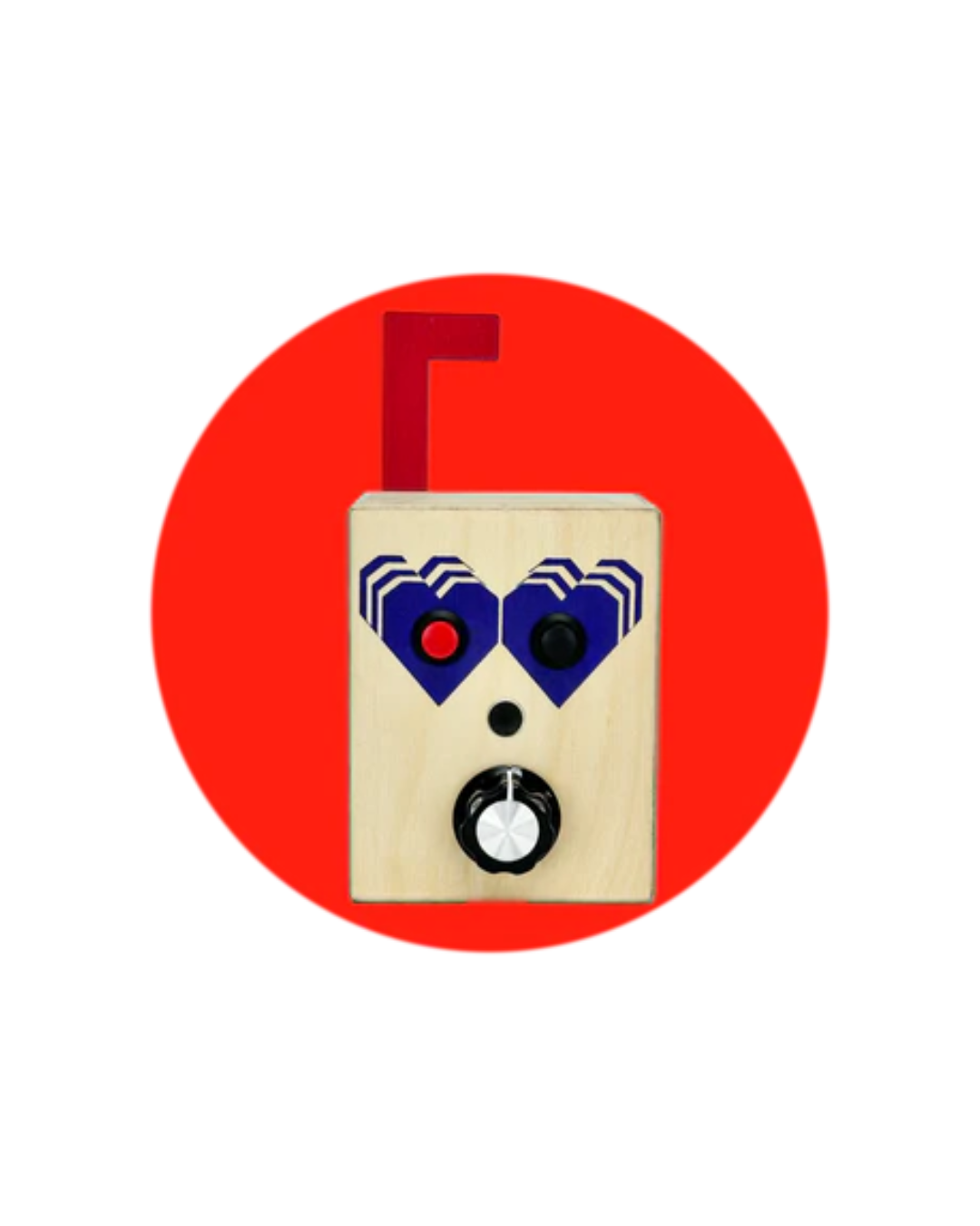A wooden Lil' Mib Messenger with blue heart eyes, a red button, a black button, a knob, and a red wooden flag at the top.