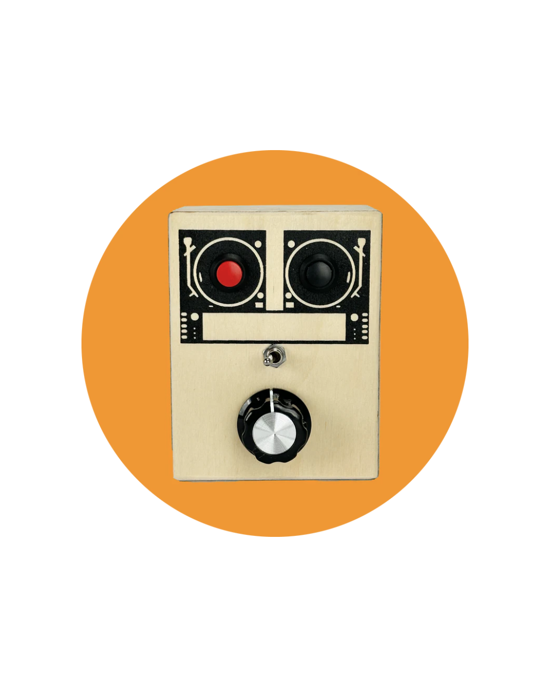 A wooden Loopy Lou Sound Toy with a red button, a black button, a metal switch and a knob on a golden yellow circle.