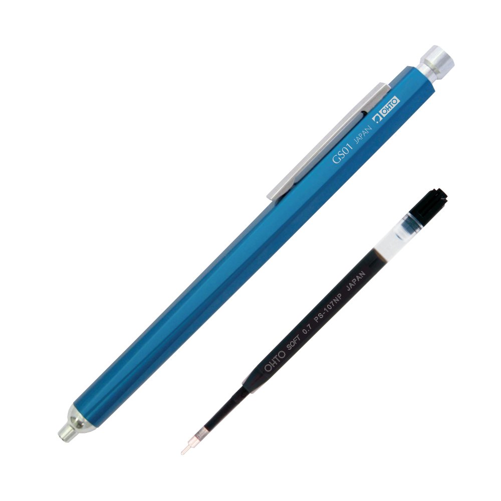 The OHTO black Ink Pen in Blue shown with a refill.