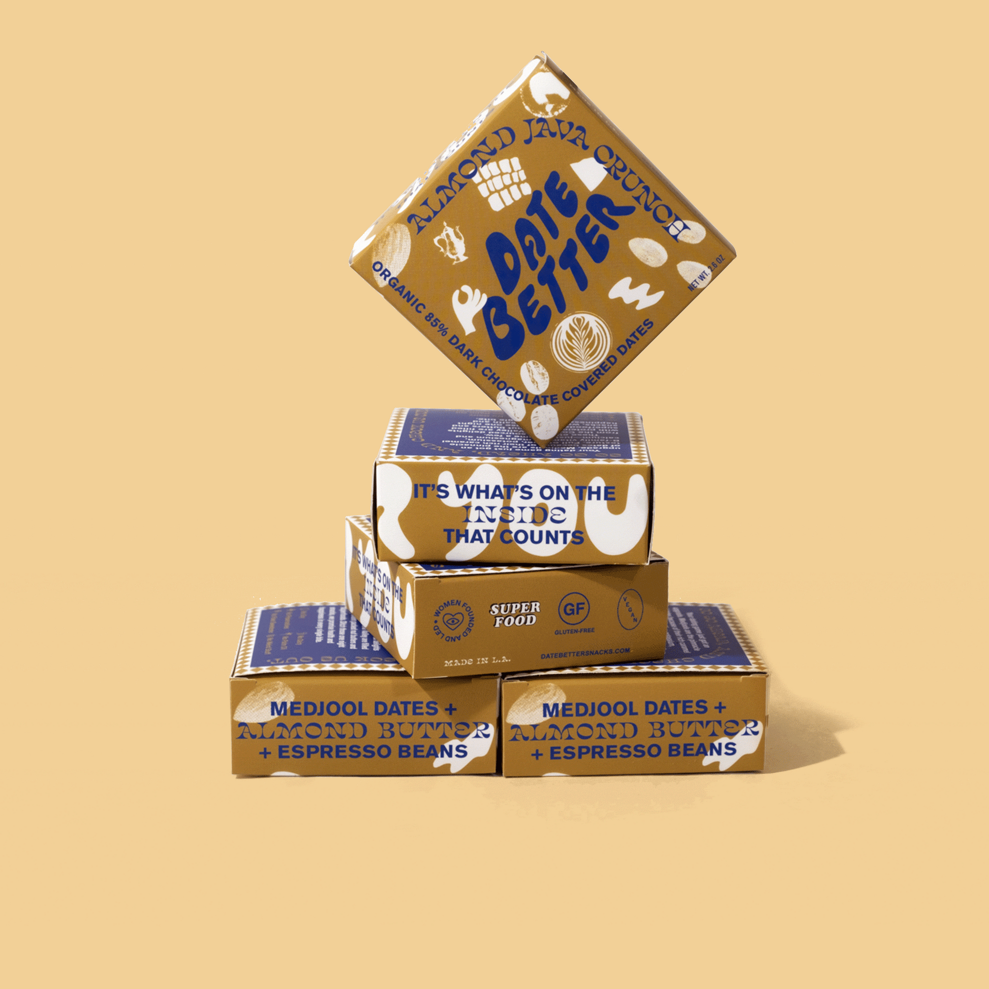 Gif of stacked boxes of Date Better Snack in Almond Java Crunch..