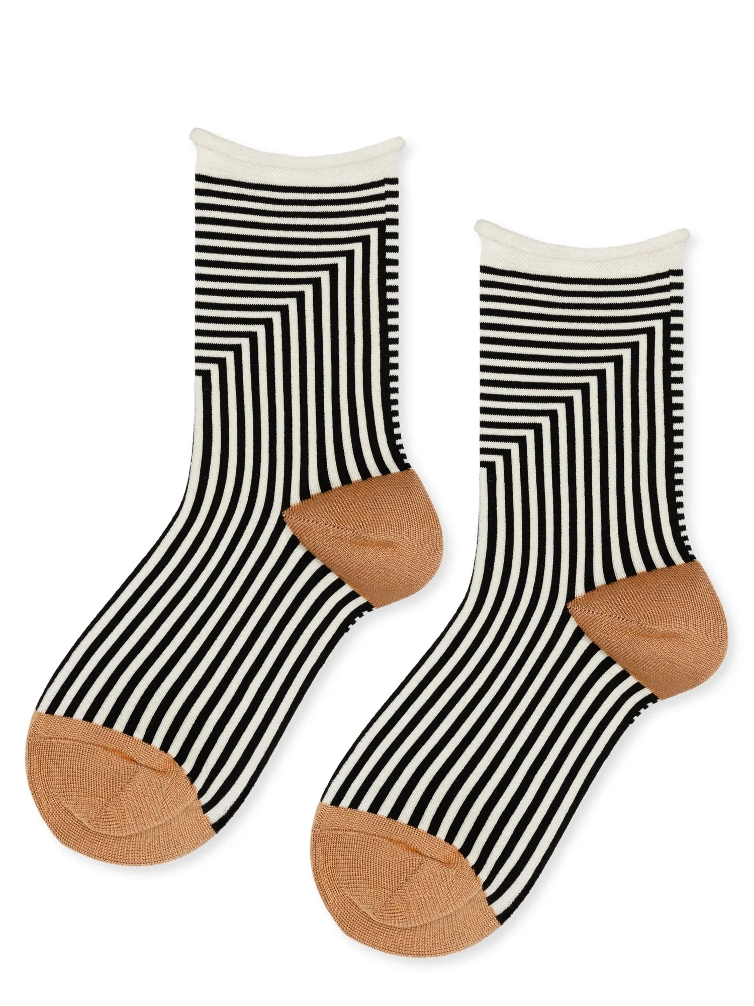 two socks with black and white stripes