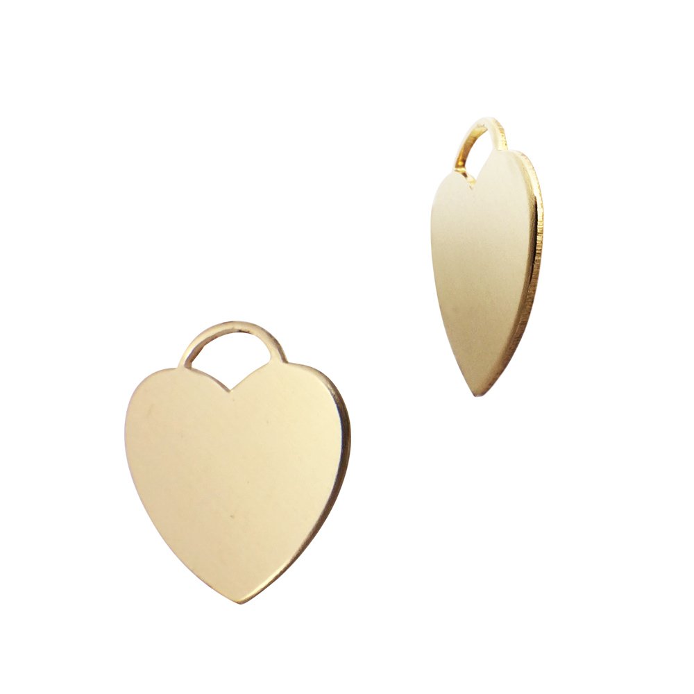 Two gold fill heart charms, one facing forward and one angled to the side.