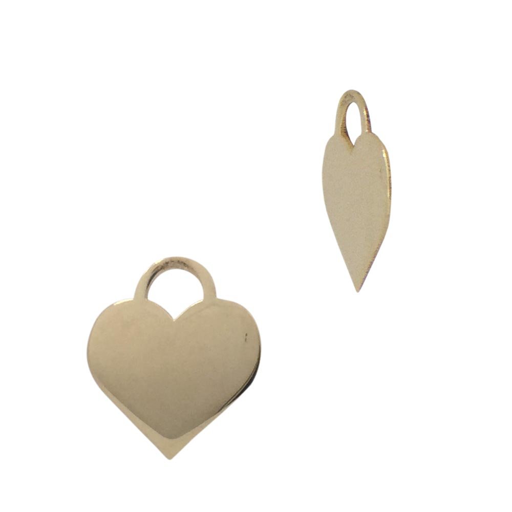 Two 14k solid gold heart charms, one facing forward and one angled to the side.